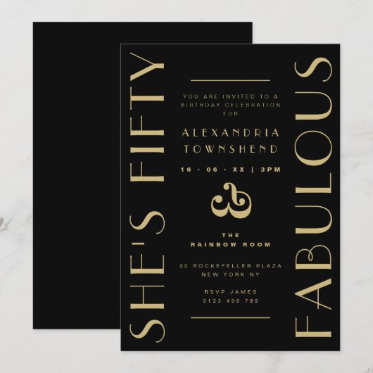 Fifty & Fabulous Black Art Deco 50th Birthday Kaart (Voorkant / Achterkant)