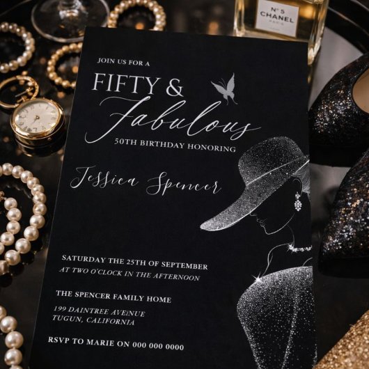 Fifty & Fabulous Black Glam 50th Birthday Kaart