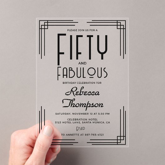 Fifty Fabulous Black White Art Deco 50th Birthday Acryl Uitnodigingen (Insitu (Draagbaar))