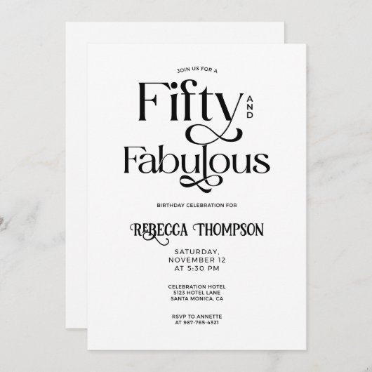 Fifty Fabulous Black White Script 50th Birthday Kaart (Voorkant / Achterkant)