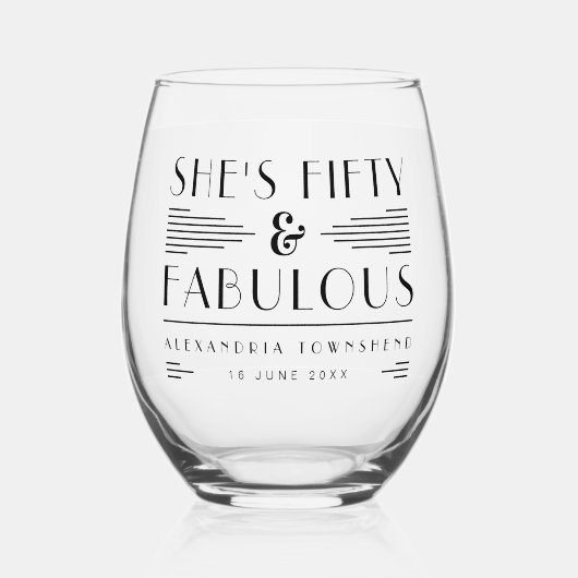 Fifty & Fabulous Chic Art Deco 50th Birthday Wijnglas Zonder Voet (Voorkant)