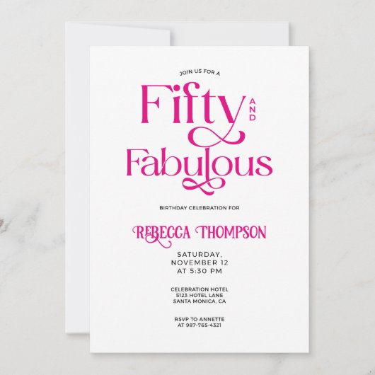 Fifty Fabulous Hot Pink Script 50th Birthday Kaart (Voorkant)