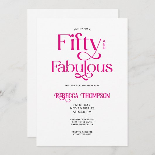 Fifty Fabulous Hot Pink Script 50th Birthday Kaart (Voorkant / Achterkant)