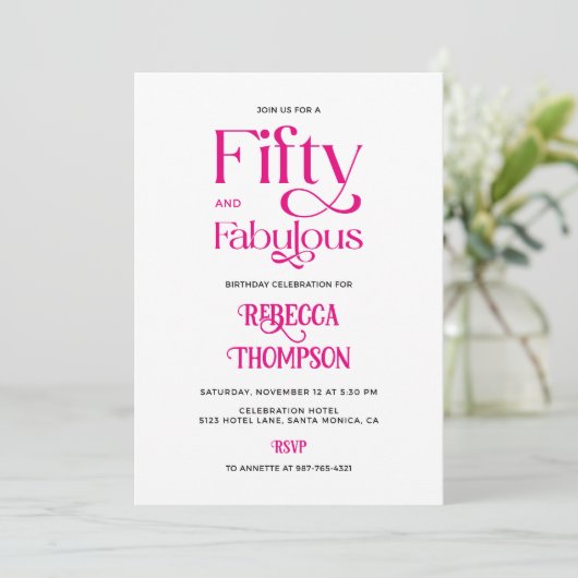 Fifty Fabulous Hot Pink Script 50th Birthday Kaart (Staand voorkant)
