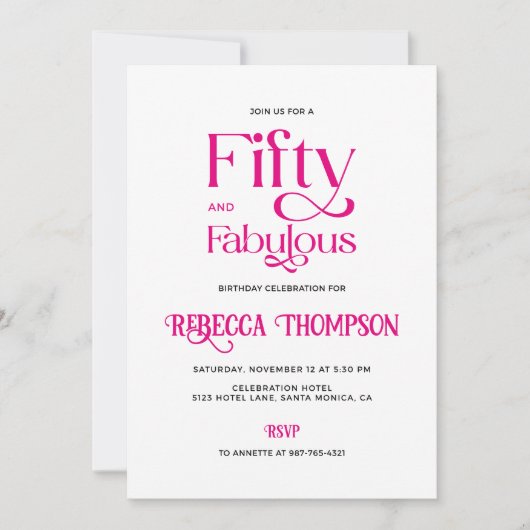 Fifty Fabulous Hot Pink Script 50th Birthday Kaart (Voorkant)