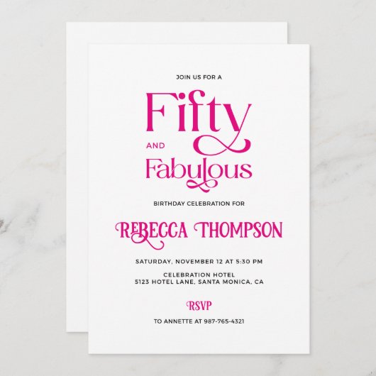 Fifty Fabulous Hot Pink Script 50th Birthday Kaart (Voorkant / Achterkant)
