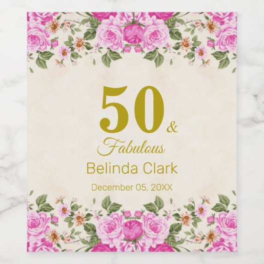 Fifty & Fabulous met Bloemen op Mousserende Wijn B Wijn Etiket (Enkel label)