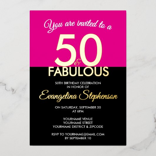 Fifty Fabulous Modern Black Pink 50th Birthday  Folie Uitnodiging (Voorkant)
