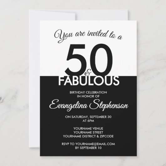 Fifty Fabulous Modern Black White 50th Birthday  Kaart (Voorkant)