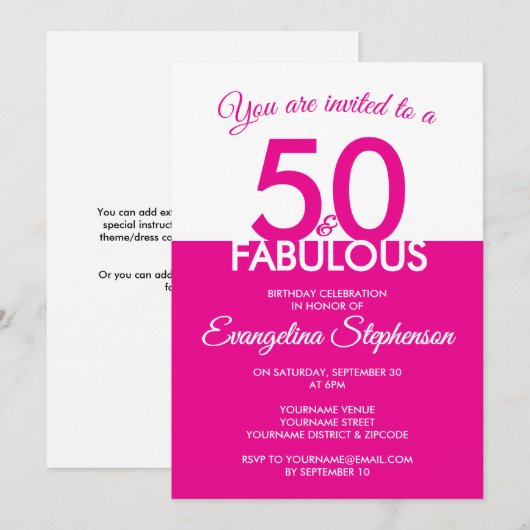 Fifty Fabulous Modern Pink White 50th Birthday  Kaart (Voorkant / Achterkant)