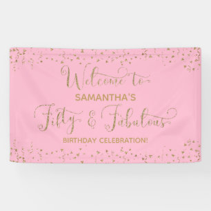 Fifty & Fabulous Party Welkom Goud en Roze 2 Spandoek