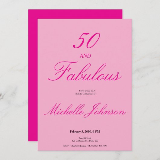 Fifty & Fabulous Pink 50th Birthday Party Kaart (Voorkant / Achterkant)