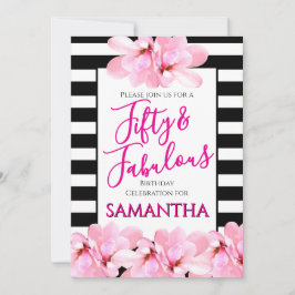 Fifty & Fabulous Pink Floral Black Stripe Birthday Kaart