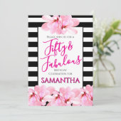 Fifty & Fabulous Pink Floral Black Stripe Birthday Kaart (Staand voorkant)