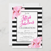 Fifty & Fabulous Pink Floral Black Stripe Birthday Kaart (Achterkant)