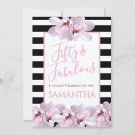 Fifty & Fabulous Pink Floral Black Stripe Birthday Kaart