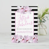 Fifty & Fabulous Pink Floral Black Stripe Birthday Kaart (Staand voorkant)
