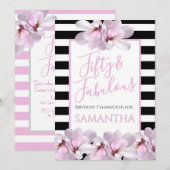 Fifty & Fabulous Pink Floral Black Stripe Birthday Kaart (Voorkant / Achterkant)