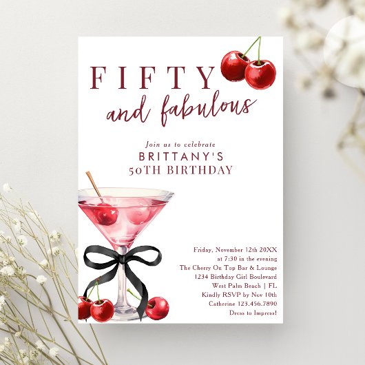 Fifty & Fabulous Red Cherry Martini 50th Birthday Kaart
