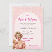 Fifty & Fabulous Retro Pink verjaardagsuitnodiging Kaart (Voorkant)