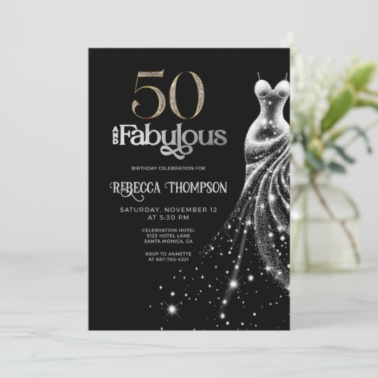 Fifty Fabulous Silver Dress Black 50th Birthday Kaart (Staand voorkant)
