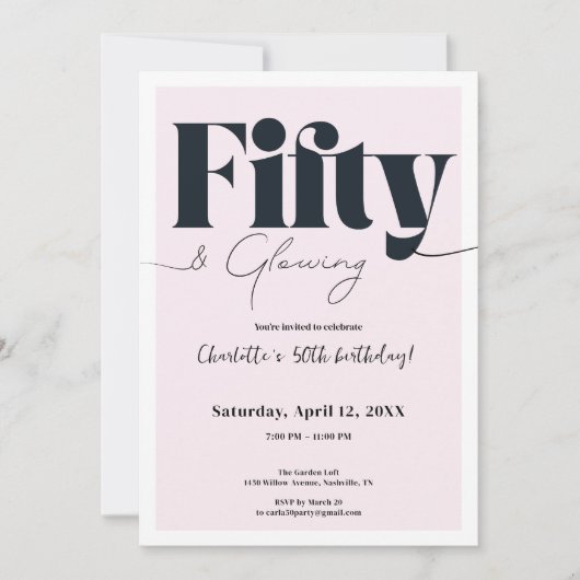 Fifty & Glowing • Blush Pink 50th Birthday Invite Kaart (Voorkant)