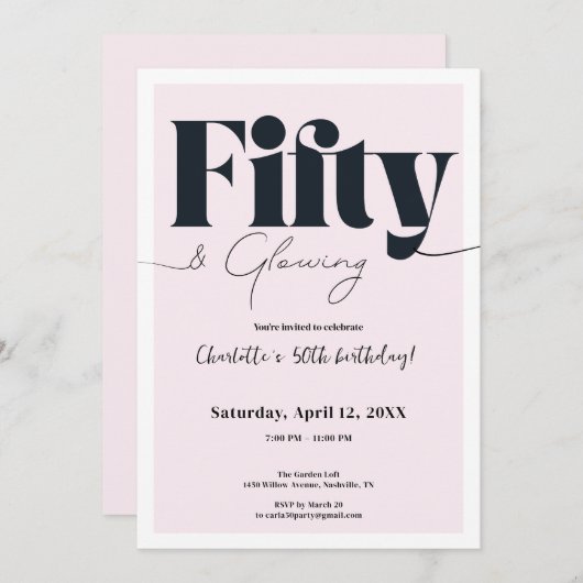 Fifty & Glowing • Blush Pink 50th Birthday Invite Kaart (Voorkant / Achterkant)