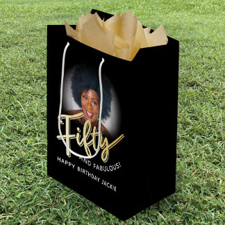 Fifty gold script and custom photo 50th birthday medium cadeauzakje