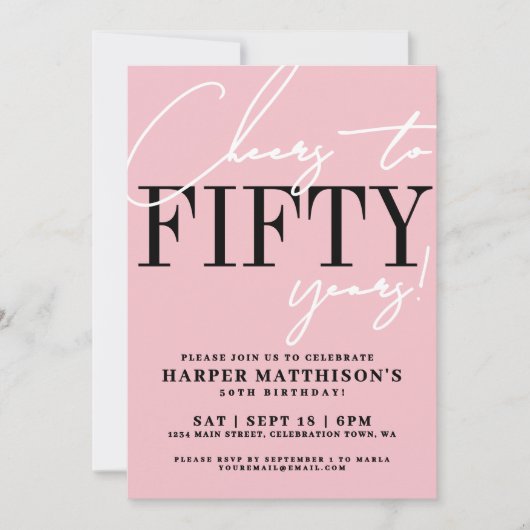 Fifty Pink 50th Birthday Party Kaart (Voorkant)