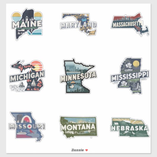 Fifty States Retro Sticker Set Deel 3 (Vel)