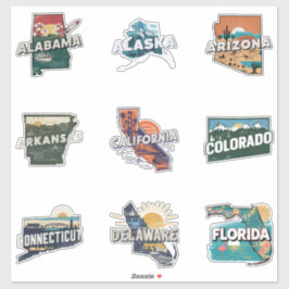 Fifty States Retro Travel Sticker Set Deel 1
