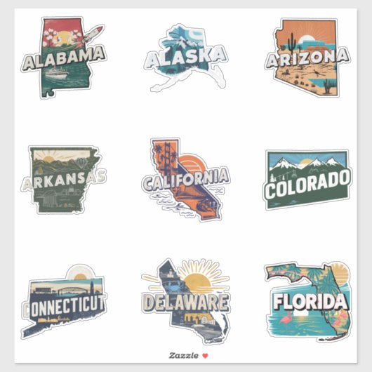 Fifty States Retro Travel Sticker Set Deel 1 (Vel)