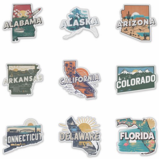 Fifty States Retro Travel Sticker Set Deel 1 (Voorkant)