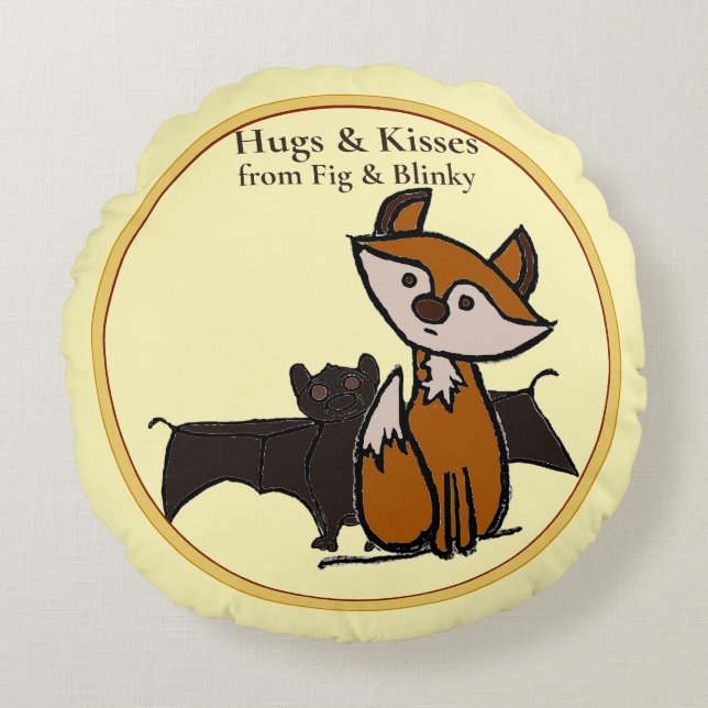 Fig & Blinky Knuffels en Kusjes gele Ronde Kussen (Voorkant)
