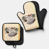 Figdewdrop caterpillar & mushroom gold pot holders ovenwant & pannenlap set (Voorkant / Achterkant)