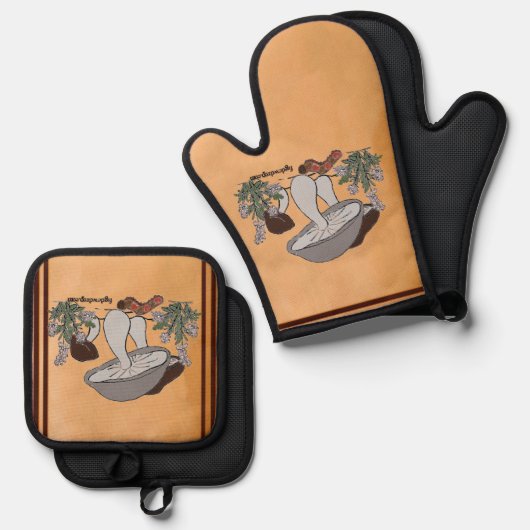 Figdewdrop caterpillar & mushroom pot holders ovenwant & pannenlap set (Voorkant / Achterkant)