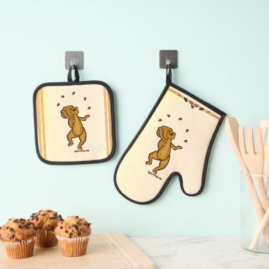 Figdewdrop Juggling Squirrel gold pot holders Ovenwant & Pannenlap Set (Insitu(Ophanging))