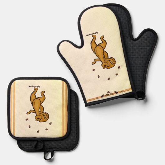 Figdewdrop Juggling Squirrel gold pot holders Ovenwant & Pannenlap Set (Voorkant / Achterkant)