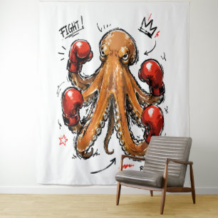 Fight Ronde 1 Boksen Octopus – Krachtige Handgetek Wandkleed