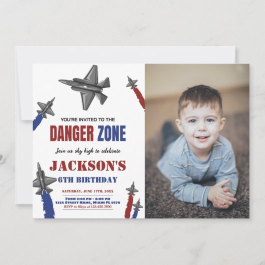Fighter Jet Verjaardag Uitnodigingen Rood Blauw W  (Voorkant)