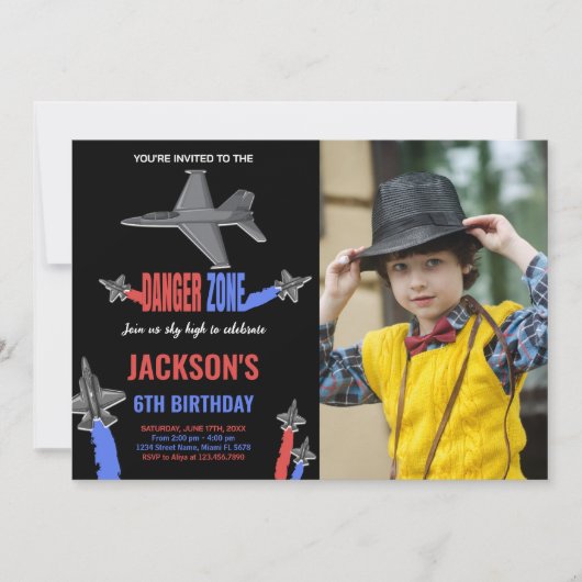 Fighter Jet Verjaardag Uitnodigingen Zwart GrijsW (Voorkant)