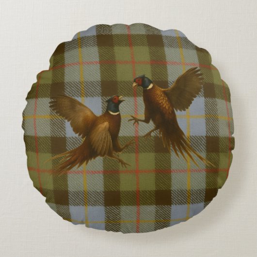 Fighting Pheasants on tweed / tartan background  Rond Kussen (Voorkant)