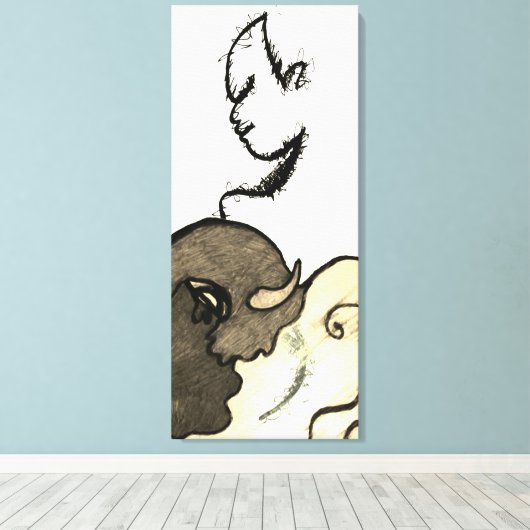 Figurative Native American en Buffalo Canvas Afdruk (Insitu (Houten vloer))