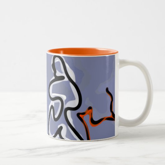 Figuur met Feline: Abstract Blauw, Sinaasappel, B Tweekleurige Koffiemok (Rechts)