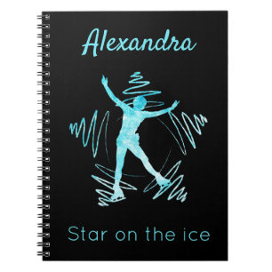 Figuur skaternotebookster op ijs bevroren blauw notitieboek