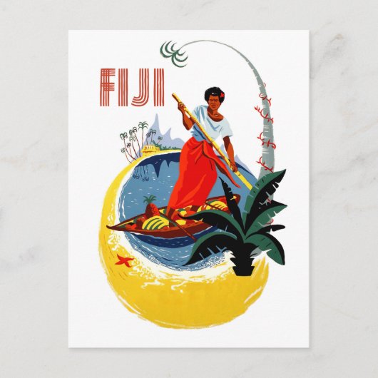Fiji-eiland, man op een kleine boot briefkaart (Voorkant)