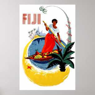 Fiji-eiland, man op een kleine boot poster