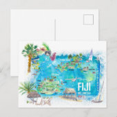 Fiji Illustrated Polynesia Island Travel Map Briefkaart (Voorkant / Achterkant)