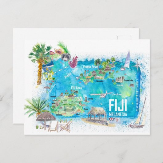 Fiji Illustrated Polynesia Island Travel Map Briefkaart (Voorkant / Achterkant)