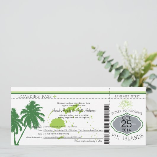 Fiji Islands Boarding Pass Wedding Kaart (Staand voorkant)